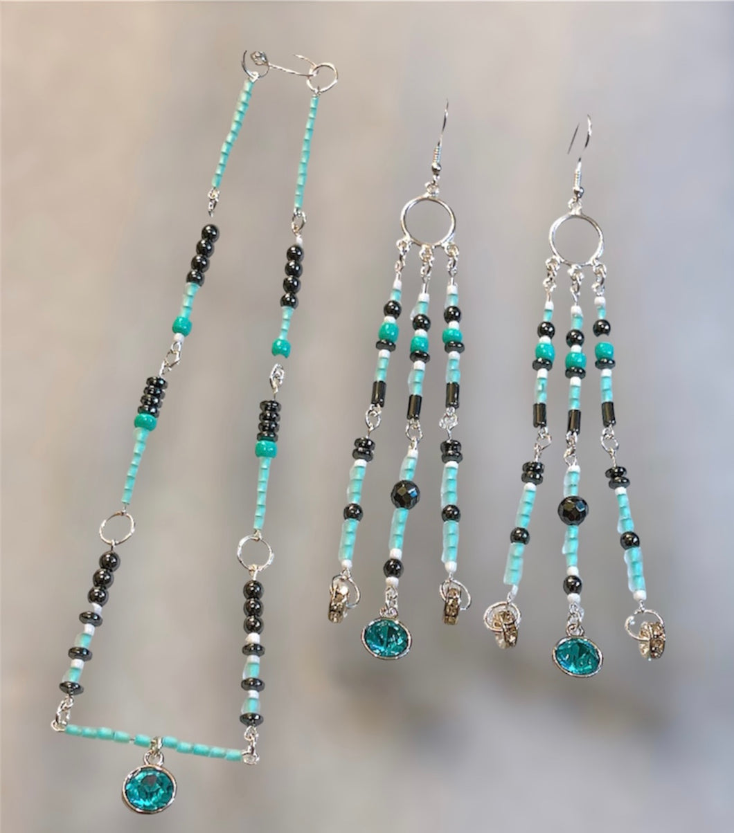 Aquamarine Crystal Drop Earrings & Necklace Set