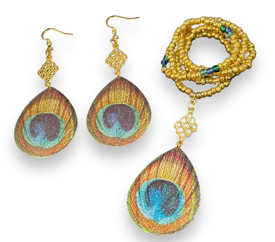 Peacock Teardrops ~ Earrings & Necklace Ensemble