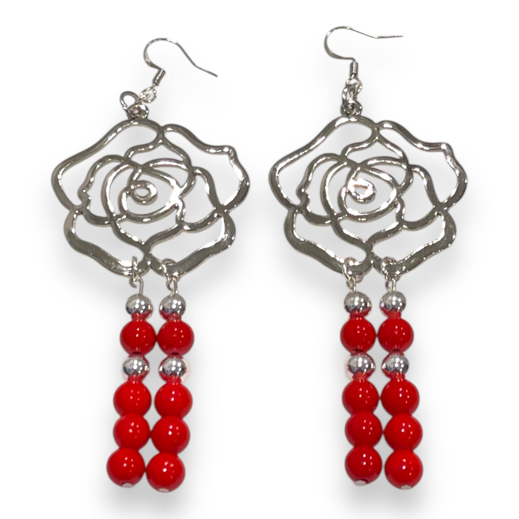 Earrings Red Coral Silver Roses