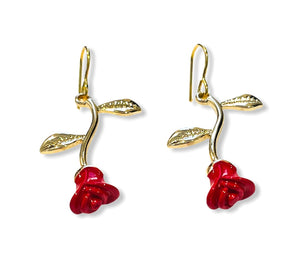 Gold Stem Red Rose Earrings