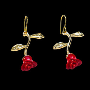 Gold Stem Red Rose Earrings