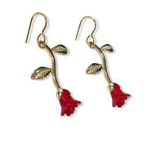 Load image into Gallery viewer, Gold Stem Red Rose Earrings
