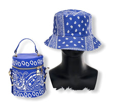 Load image into Gallery viewer, Paisley Print Hat &amp; Tube Purse Set Blue

